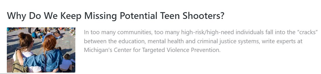 CTVP Staff’s Op-Ed in the Crime Report, On Why We Keep Missing Potential Teen Shooters